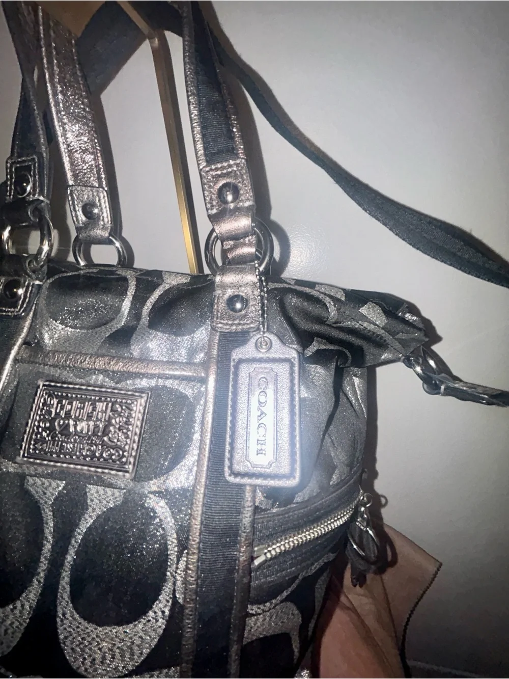 Coach Poppy Black & Silver Metallic Leather Satchel Tote Bag. ECU! Y2K